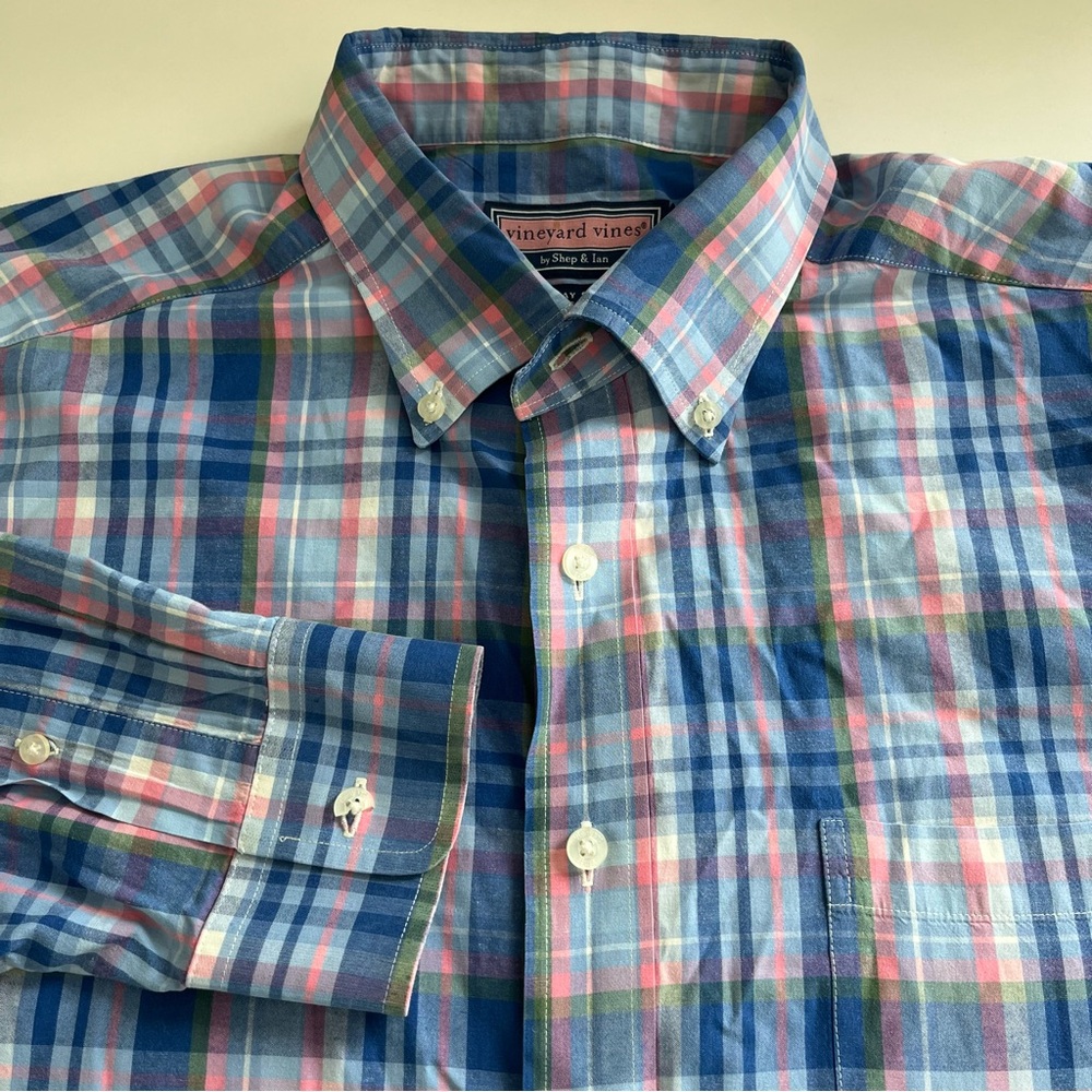 Vineyard Vines Men’s Murray Long Sleeve Button Down Pink Blue Plaid XL